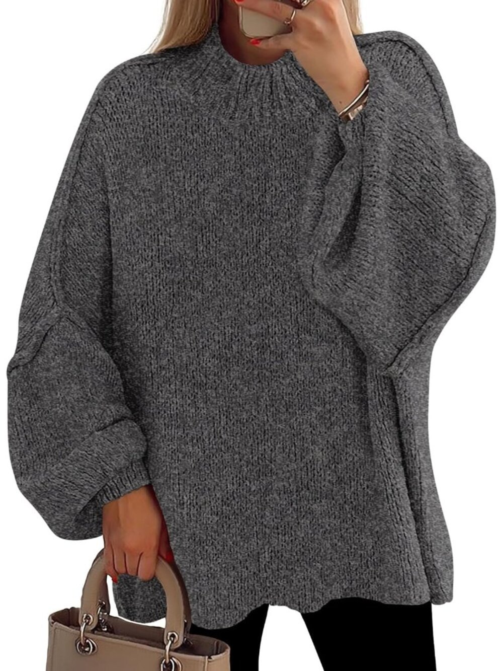 Women Dark Grey Oversized Mock Neck Drop Shoulder Chunky Knit Slouchy Sweater